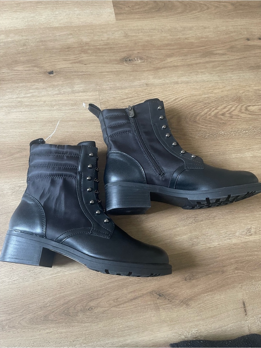 New Adrienne Vittadini Black Lace-Up Ankle Combat Boots with Stud Accents